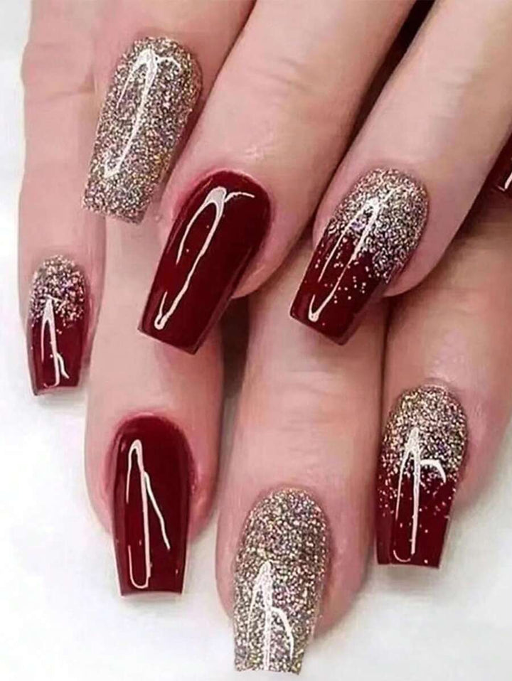 24pcs Instantly Upgrade Your Look With Red Long Square Fake Nails,Gold Glitter Covers The Nails,These Ballet-Style Fake Nails Make Your Fingers Look Long And Stylish,1pc Nail File & 1Nail Glue Sticker Kit Nails For Girl Mother Women Gift ,Whitening Nail A