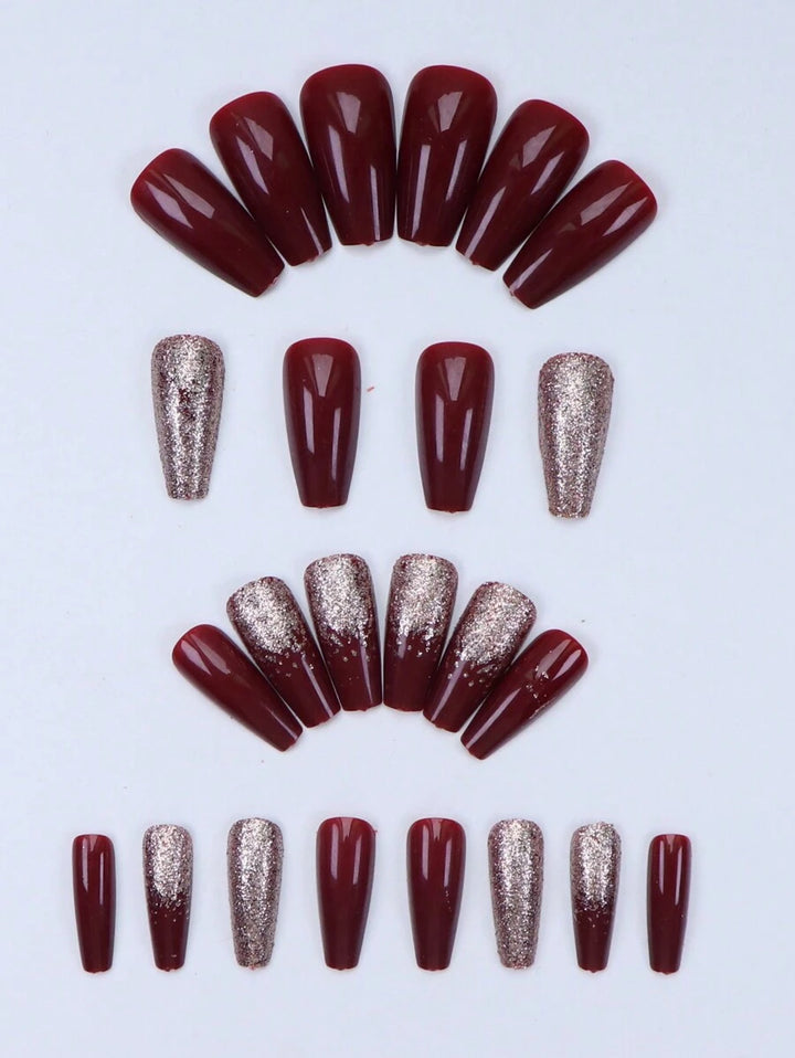 24pcs Instantly Upgrade Your Look With Red Long Square Fake Nails,Gold Glitter Covers The Nails,These Ballet-Style Fake Nails Make Your Fingers Look Long And Stylish,1pc Nail File & 1Nail Glue Sticker Kit Nails For Girl Mother Women Gift ,Whitening Nail A