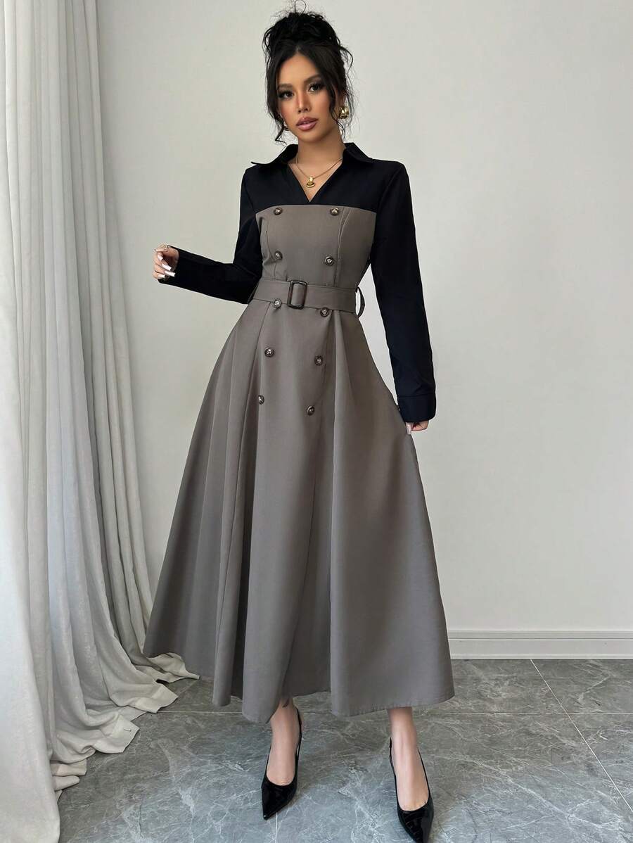 Modelyn Women's Elegant Contrast Color Patchwork 2 In 1 Dress, Autumn Winter Long Evening Dresses