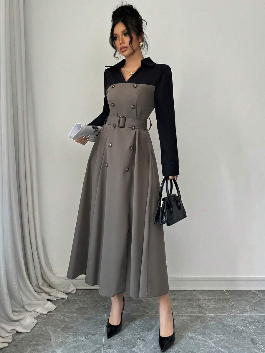 Modelyn Women's Elegant Contrast Color Patchwork 2 In 1 Dress, Autumn Winter Long Evening Dresses