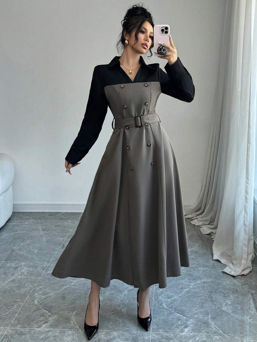 Modelyn Women's Elegant Contrast Color Patchwork 2 In 1 Dress, Autumn Winter Long Evening Dresses
