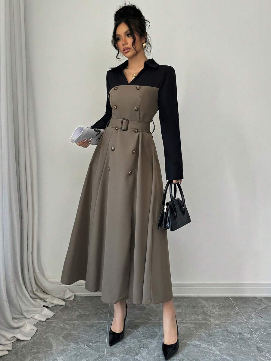 Modelyn Women's Elegant Contrast Color Patchwork 2 In 1 Dress, Autumn Winter Long Evening Dresses
