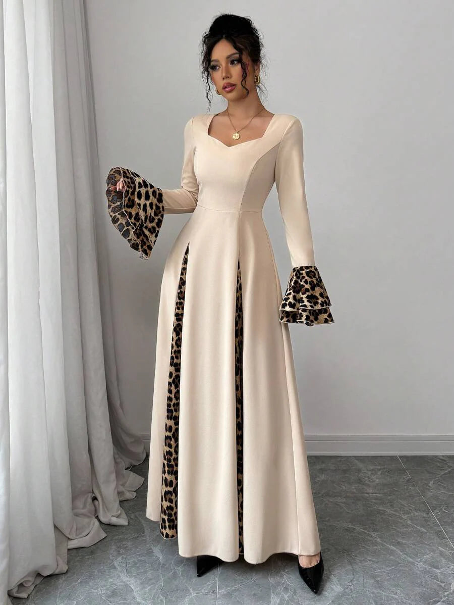 Modelyn Women's Leopard Print Patchwork Contrast Color Sweetheart Neckline Flared Sleeve Elegant Dress, Autumn/Winter Long Evening Dresses