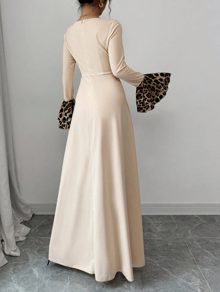 Modelyn Women's Leopard Print Patchwork Contrast Color Sweetheart Neckline Flared Sleeve Elegant Dress, Autumn/Winter Long Evening Dresses