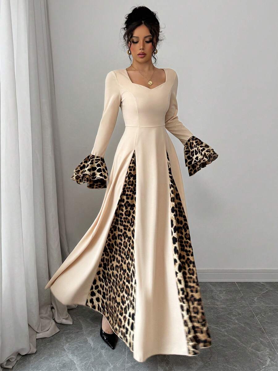 Modelyn Women's Leopard Print Patchwork Contrast Color Sweetheart Neckline Flared Sleeve Elegant Dress, Autumn/Winter Long Evening Dresses