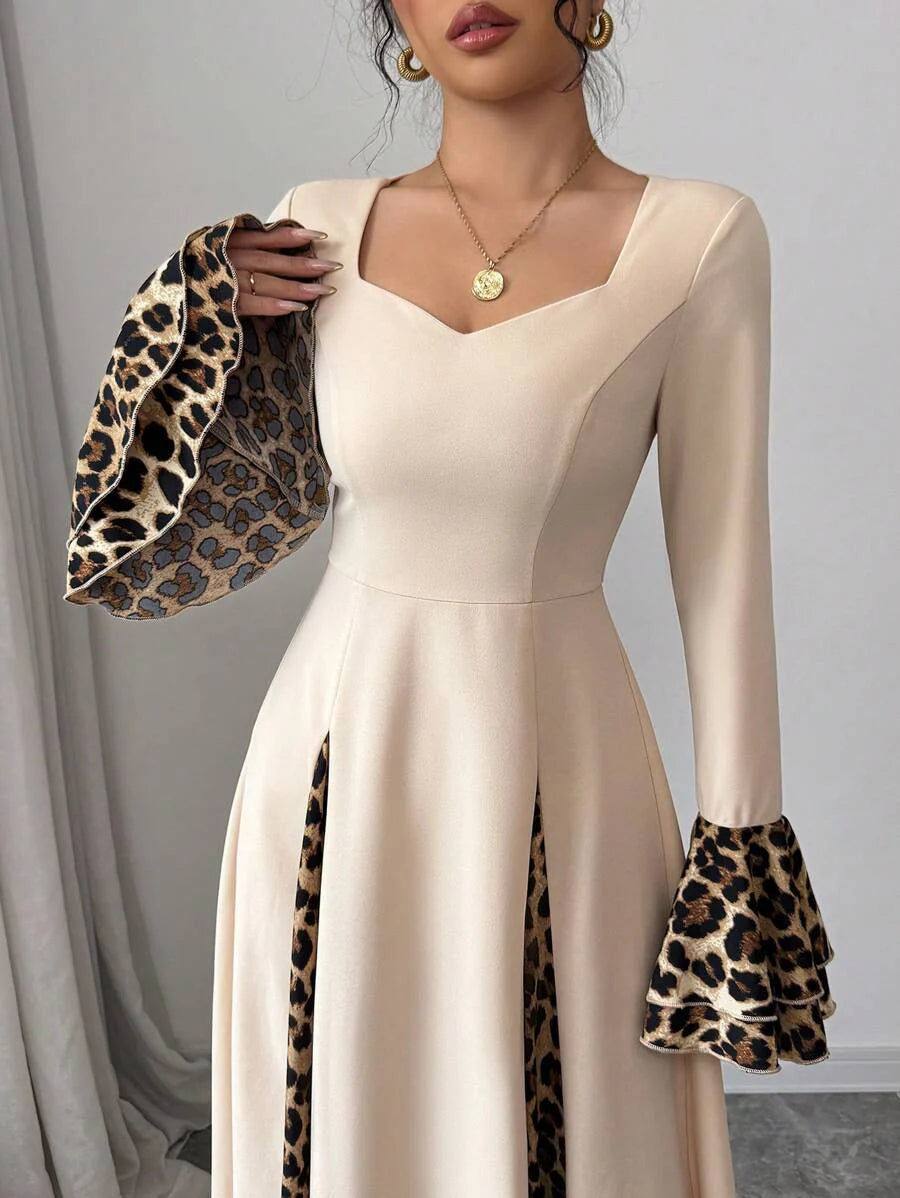 Modelyn Women's Leopard Print Patchwork Contrast Color Sweetheart Neckline Flared Sleeve Elegant Dress, Autumn/Winter Long Evening Dresses