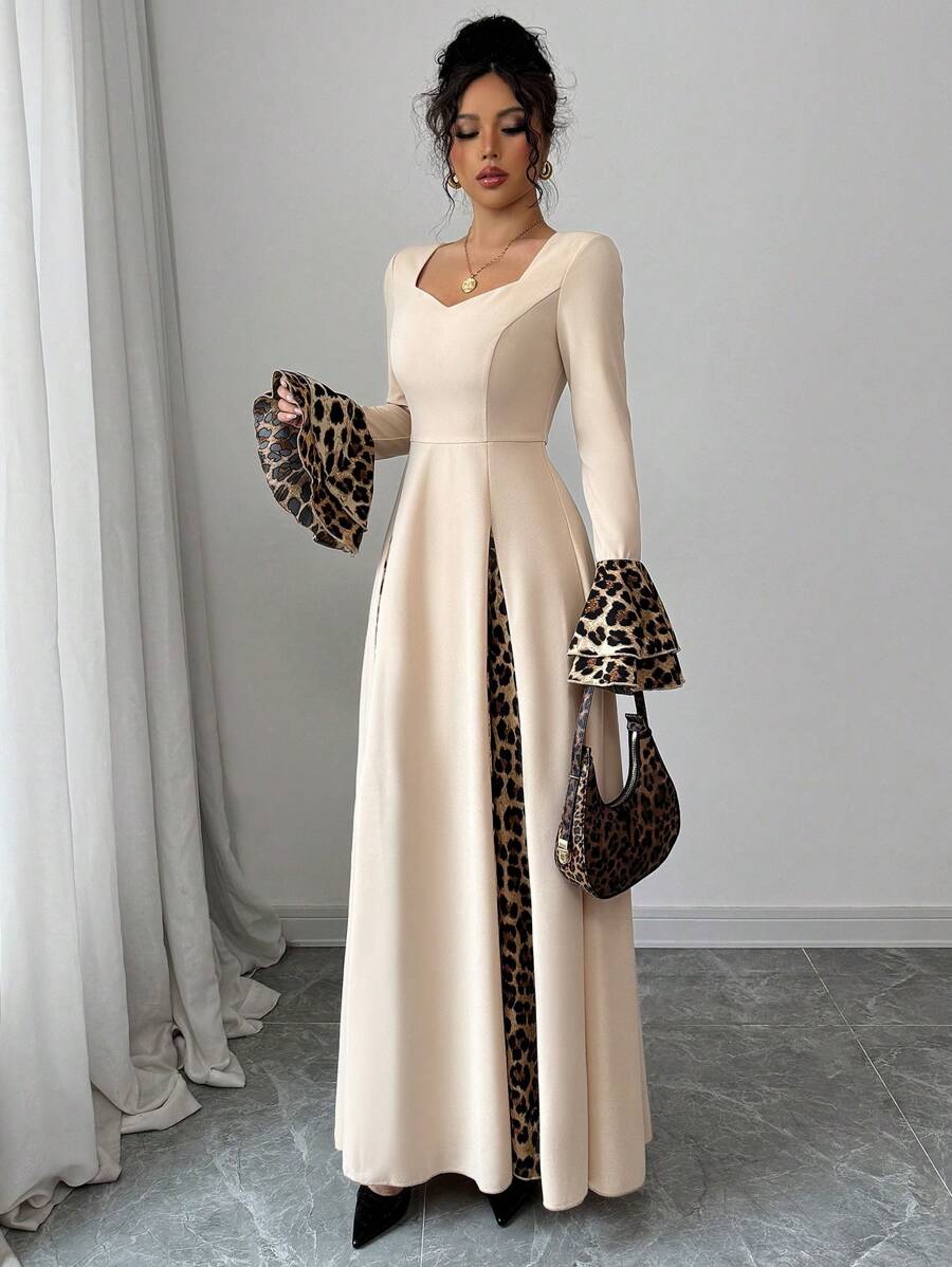 Modelyn Women's Leopard Print Patchwork Contrast Color Sweetheart Neckline Flared Sleeve Elegant Dress, Autumn/Winter Long Evening Dresses