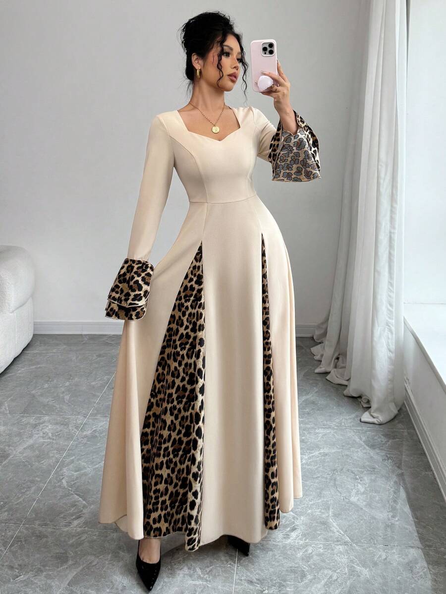 Modelyn Women's Leopard Print Patchwork Contrast Color Sweetheart Neckline Flared Sleeve Elegant Dress, Autumn/Winter Long Evening Dresses