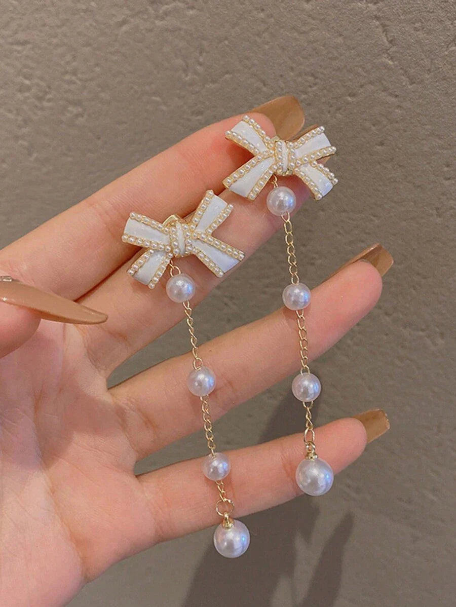 1 Pair Fashionable Bow Pearl Tassel Long Dangle Earrings, Sweet And Elegant For Women