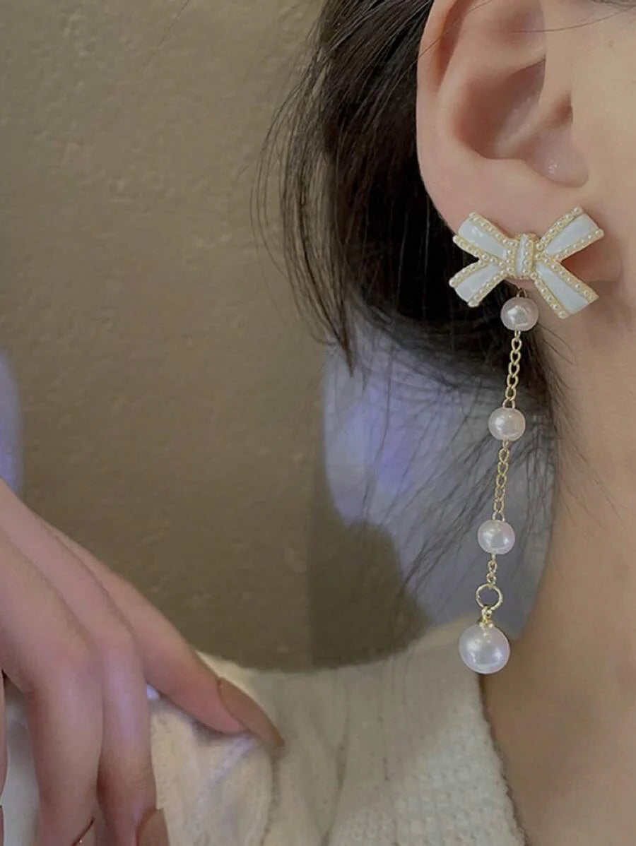 1 Pair Fashionable Bow Pearl Tassel Long Dangle Earrings, Sweet And Elegant For Women