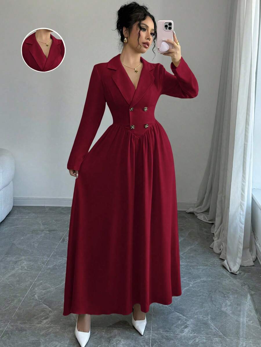 Elenzga Women's Elegant Burgundy Red Maxi Dress: Double-Breasted, Long Sleeve, A-Line