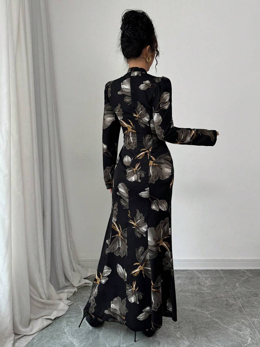 Modelyn Women's Floral Print Tie Neck Long Sleeve Fitted Flared Hem Midi Dress, Elegant For Autumn & Winter For New Year Clothes Maxi Women Outfit