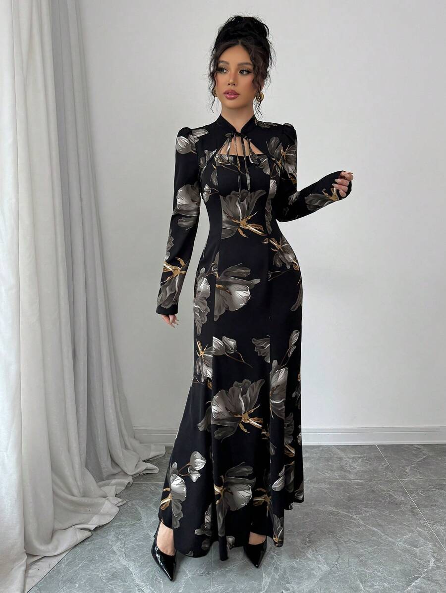 Modelyn Women's Floral Print Tie Neck Long Sleeve Fitted Flared Hem Midi Dress, Elegant For Autumn & Winter For New Year Clothes Maxi Women Outfit