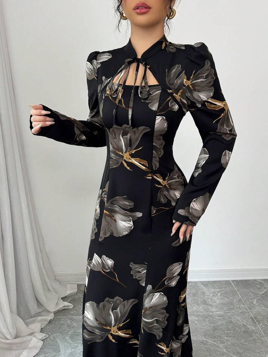 Modelyn Women's Floral Print Tie Neck Long Sleeve Fitted Flared Hem Midi Dress, Elegant For Autumn & Winter For New Year Clothes Maxi Women Outfit