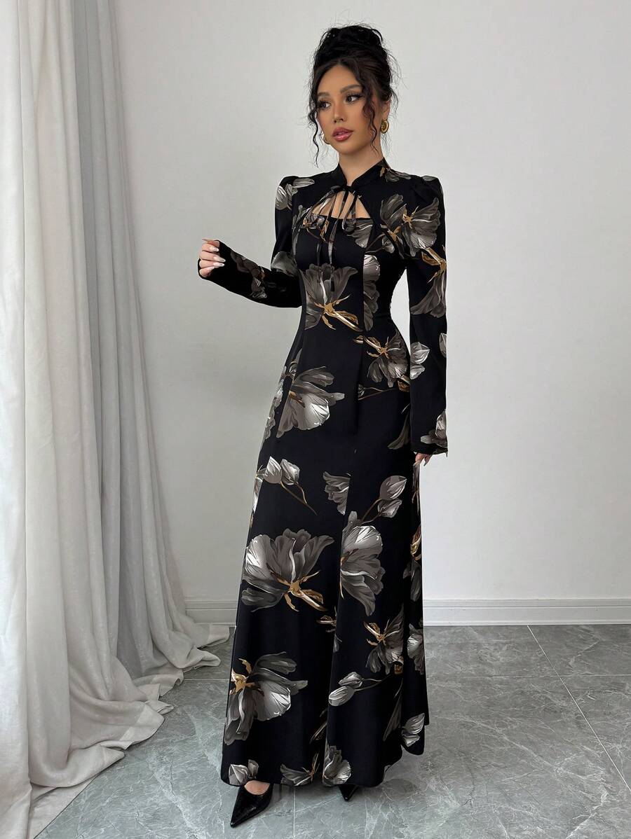 Modelyn Women's Floral Print Tie Neck Long Sleeve Fitted Flared Hem Midi Dress, Elegant For Autumn & Winter For New Year Clothes Maxi Women Outfit