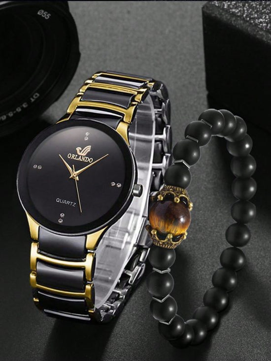 2 Pcs Set Men's Fashion Simple Business Quartz Watch With Crown Bead Chain Bracelet