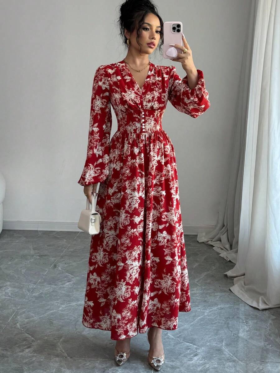 Modelyn Women's Floral Printed Lantern Sleeve Dress Maxi Women Outfit