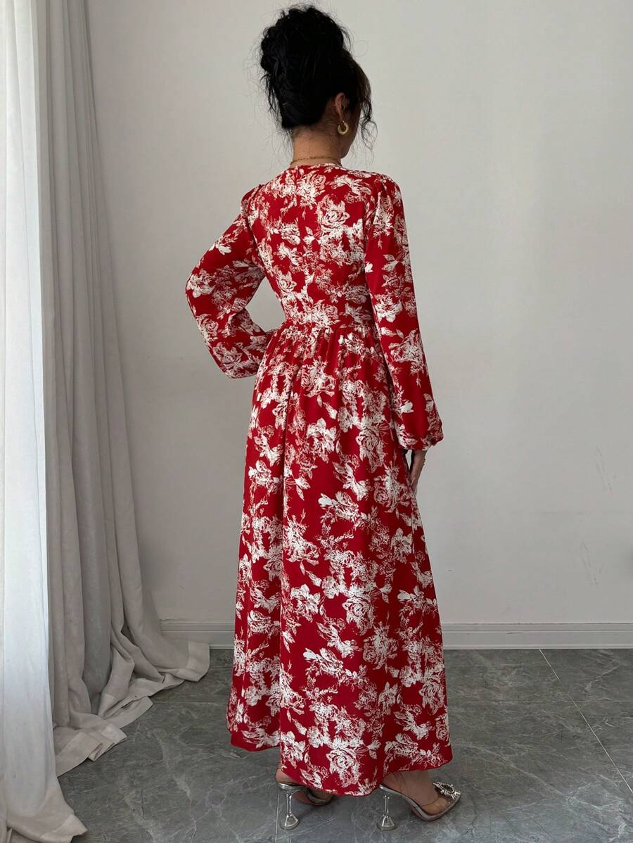 Modelyn Women's Floral Printed Lantern Sleeve Dress Maxi Women Outfit
