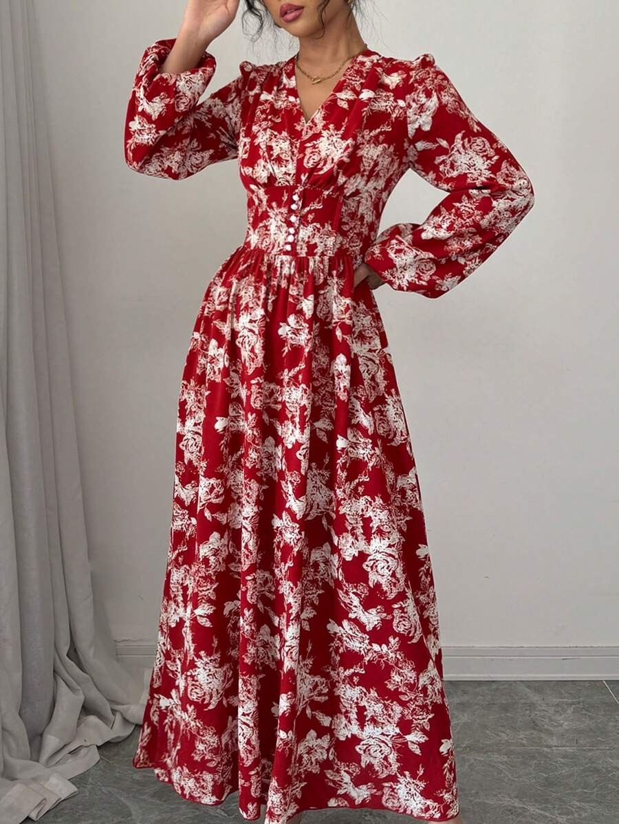 Modelyn Women's Floral Printed Lantern Sleeve Dress Maxi Women Outfit