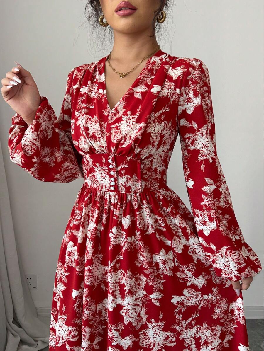 Modelyn Women's Floral Printed Lantern Sleeve Dress Maxi Women Outfit