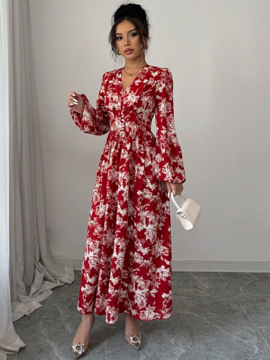 Modelyn Women's Floral Printed Lantern Sleeve Dress Maxi Women Outfit