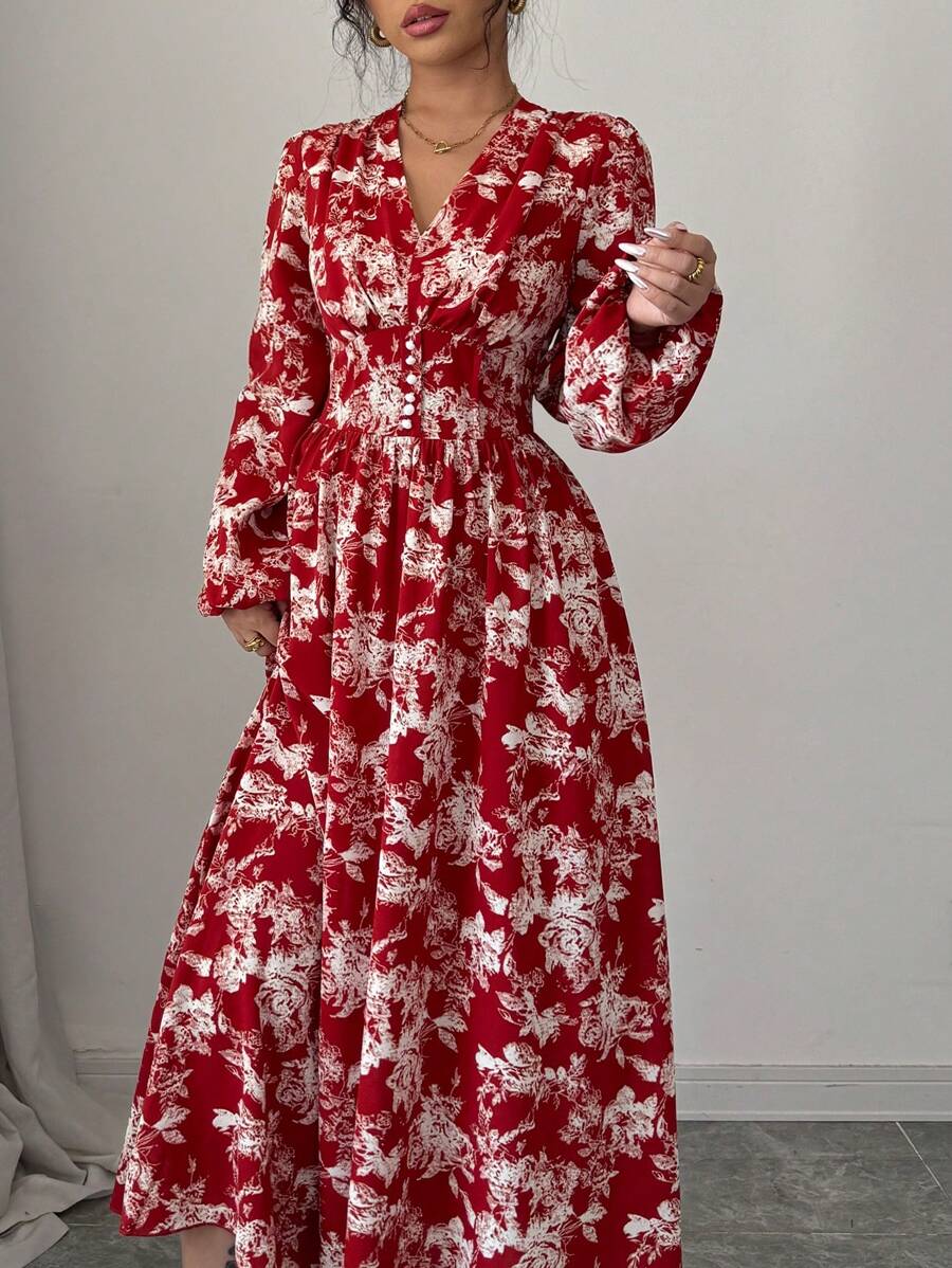 Modelyn Women's Floral Printed Lantern Sleeve Dress Maxi Women Outfit