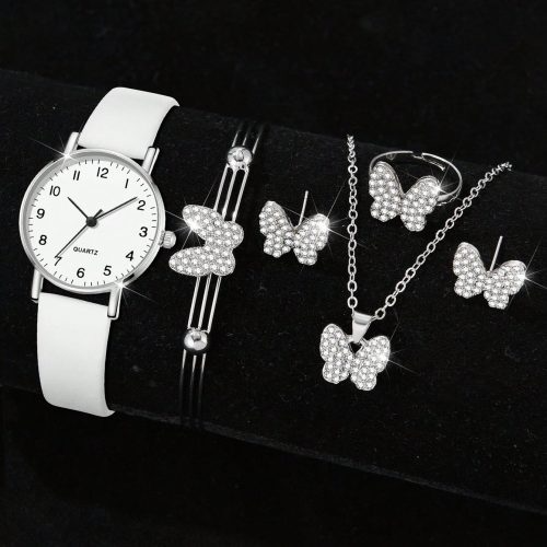 6Pcs Women White PU Leather Watch Strap Fashion And Casual Vintage Classic Digital Scale Dial Ladies Quartz Watch Butterfly Bracelet Necklace Earring Ring Jewelry Set Suitable For Daily Wear Clothing Matching Decoration Gift For Mother's Day
