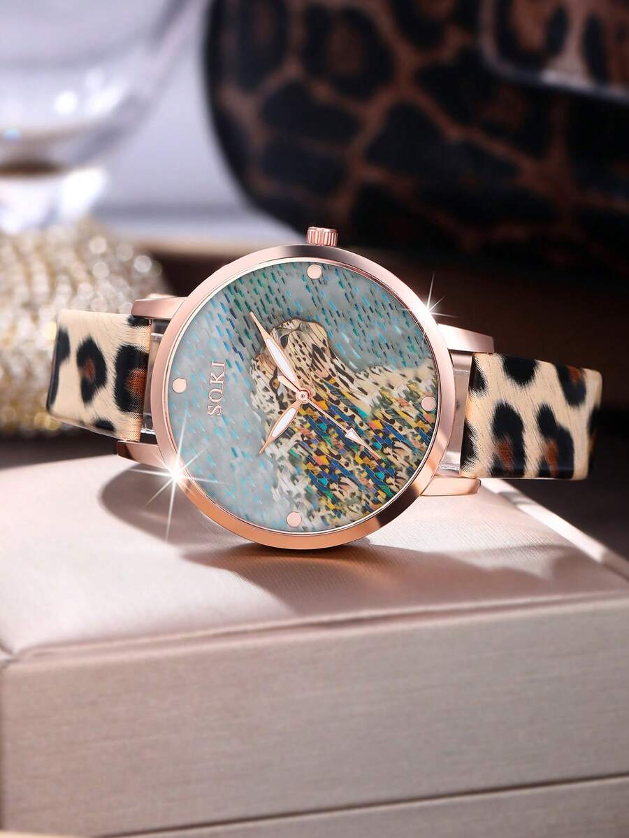 SOKI Ladies Watch 5pcs/Set Ladies' Leopard Pu Strap Fashionable Personalized Necklace Earrings & Ring Set Suitable For Women Party,Holiday,Birthday Wear Or As Sisters,The Best Gift For A Lady(No Box)