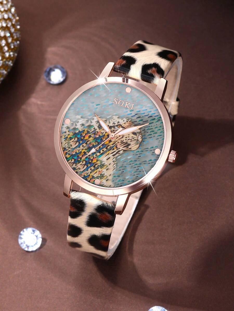 SOKI Ladies Watch 5pcs/Set Ladies' Leopard Pu Strap Fashionable Personalized Necklace Earrings & Ring Set Suitable For Women Party,Holiday,Birthday Wear Or As Sisters,The Best Gift For A Lady(No Box)