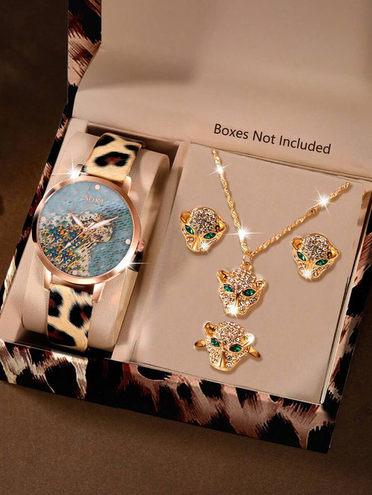 SOKI Ladies Watch 5pcs/Set Ladies' Leopard Pu Strap Fashionable Personalized Necklace Earrings & Ring Set Suitable For Women Party,Holiday,Birthday Wear Or As Sisters,The Best Gift For A Lady(No Box)