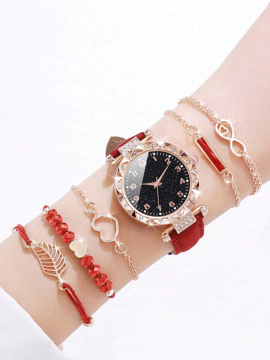 Women Fashionable Rhinestone-Accented Floral Dial Quartz Wristwatch And Heart Tree Leaf Bracelet Set (6pcs/Set) As A Gift For Students Returning To School Valentines