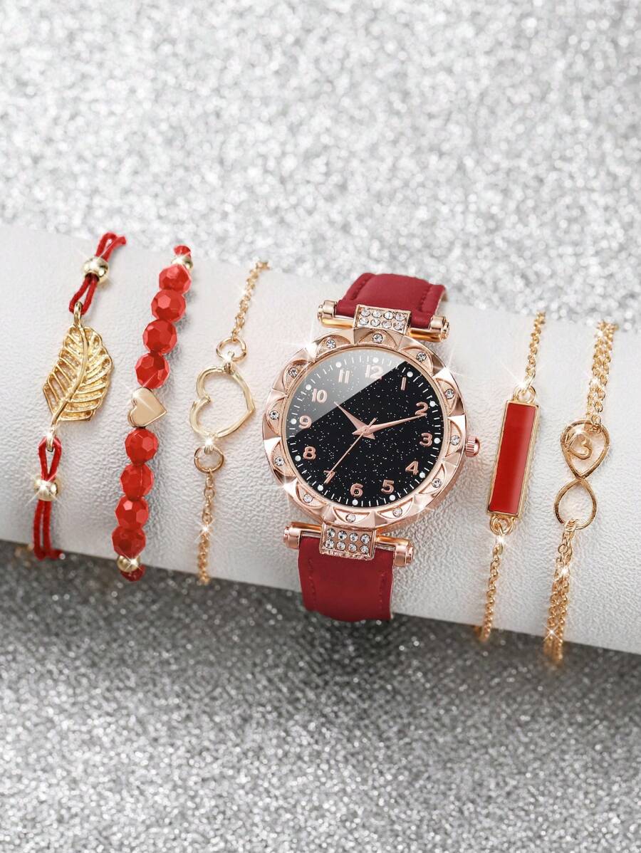 Women Fashionable Rhinestone-Accented Floral Dial Quartz Wristwatch And Heart Tree Leaf Bracelet Set (6pcs/Set) As A Gift For Students Returning To School Valentines