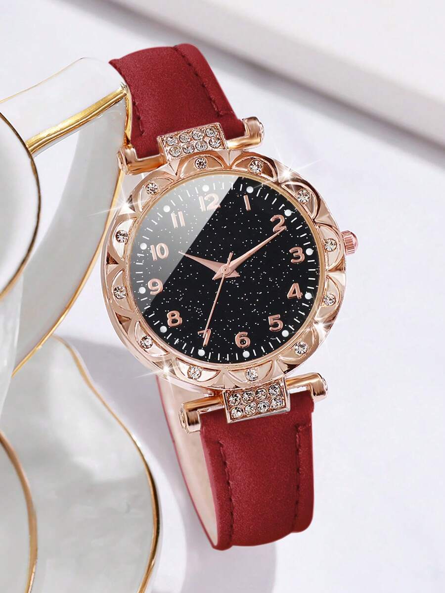Women Fashionable Rhinestone-Accented Floral Dial Quartz Wristwatch And Heart Tree Leaf Bracelet Set (6pcs/Set) As A Gift For Students Returning To School Valentines