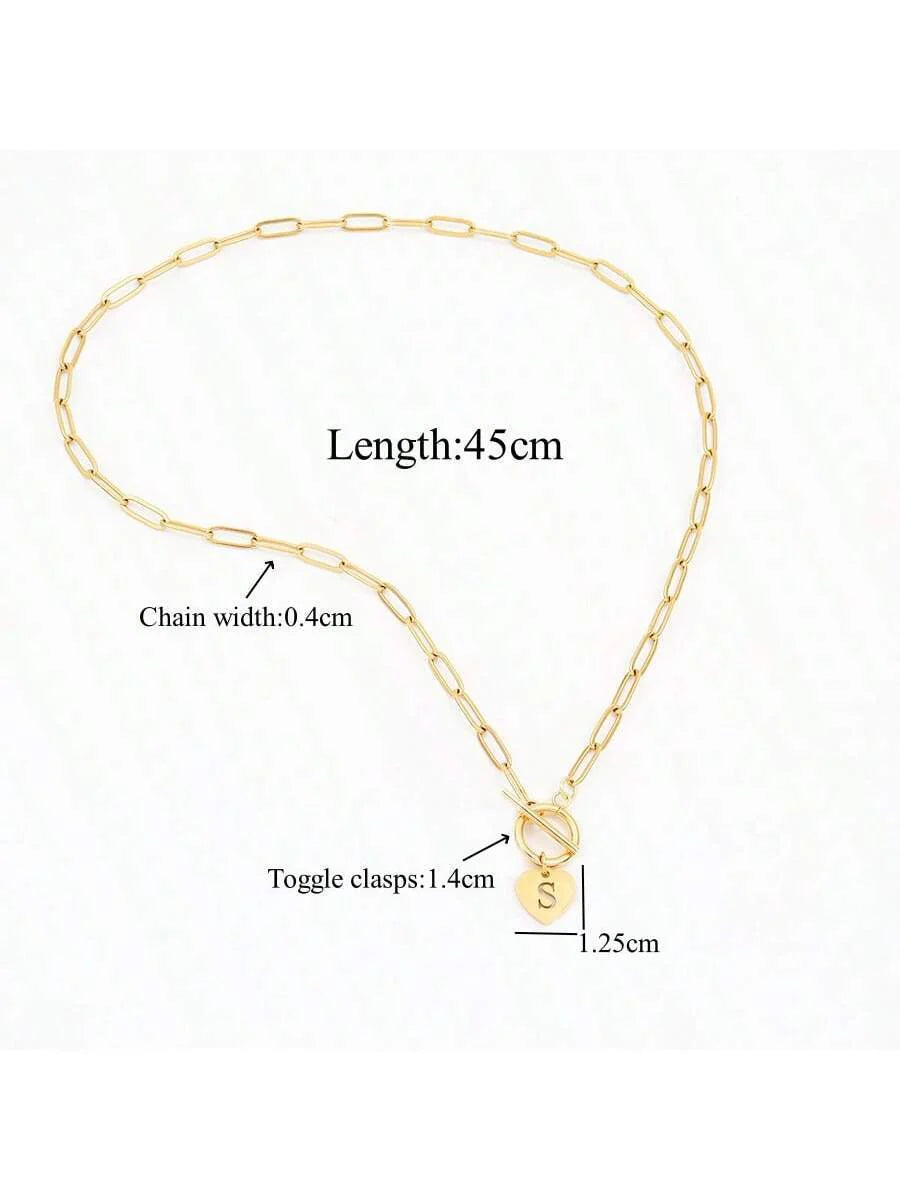 1pc Simple Big Initial Pendant Classic Stainless Steel Toggle Clasps Paper Clip Chain Necklaces For Women