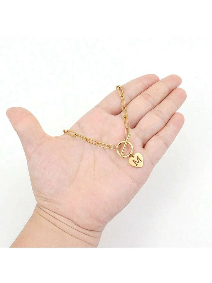 1pc Simple Big Initial Pendant Classic Stainless Steel Toggle Clasps Paper Clip Chain Necklaces For Women