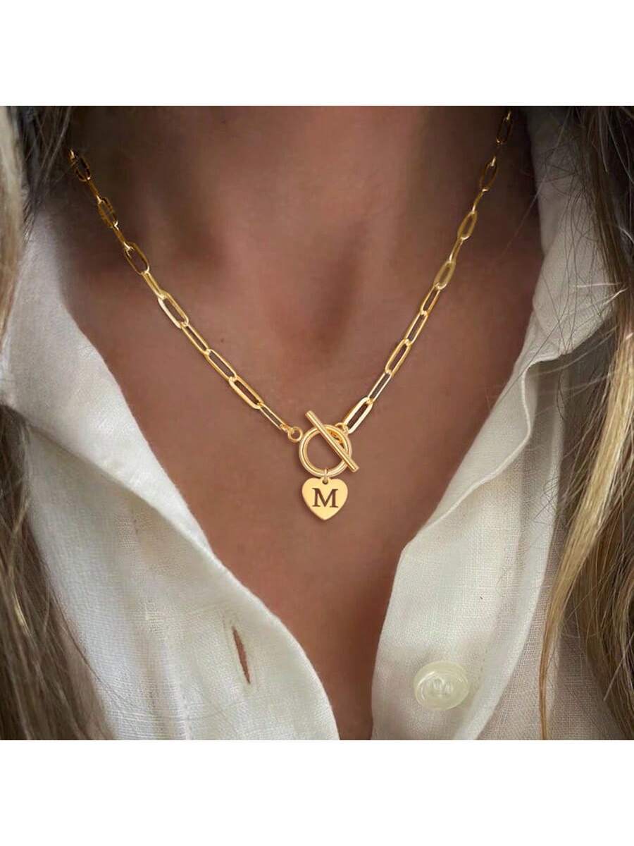1pc Simple Big Initial Pendant Classic Stainless Steel Toggle Clasps Paper Clip Chain Necklaces For Women