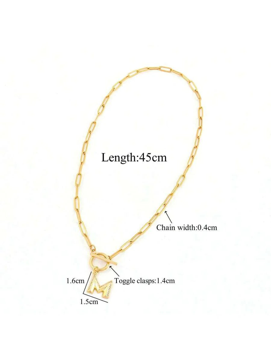 1pc Simple Big Initial Pendant Classic Stainless Steel Toggle Clasps Paper Clip Chain Necklaces For Women