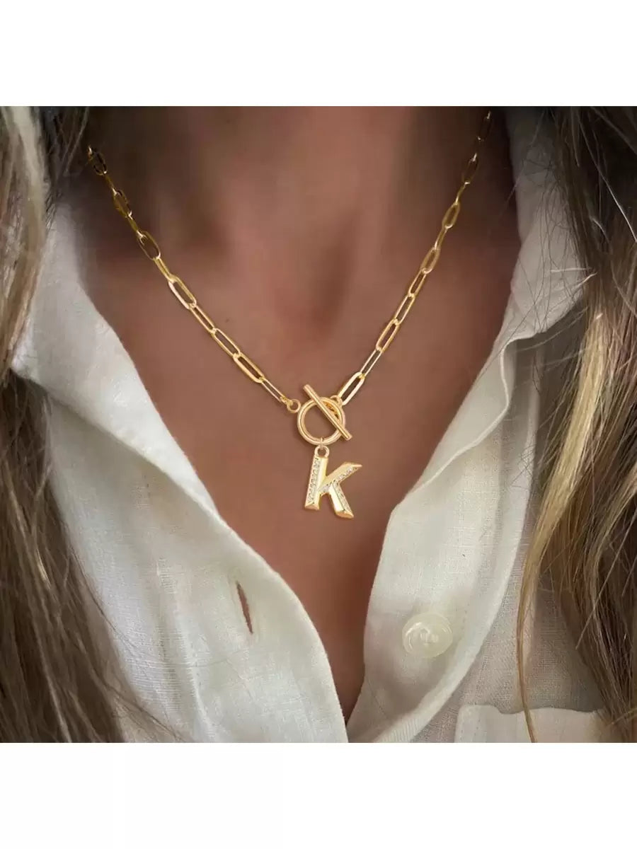 1pc Simple Big Initial Pendant Classic Stainless Steel Toggle Clasps Paper Clip Chain Necklaces For Women