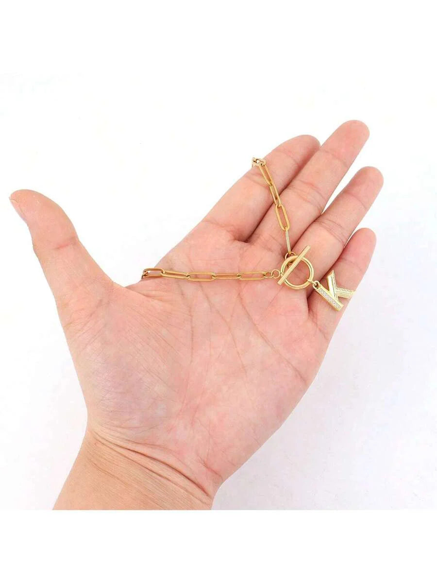 1pc Simple Big Initial Pendant Classic Stainless Steel Toggle Clasps Paper Clip Chain Necklaces For Women