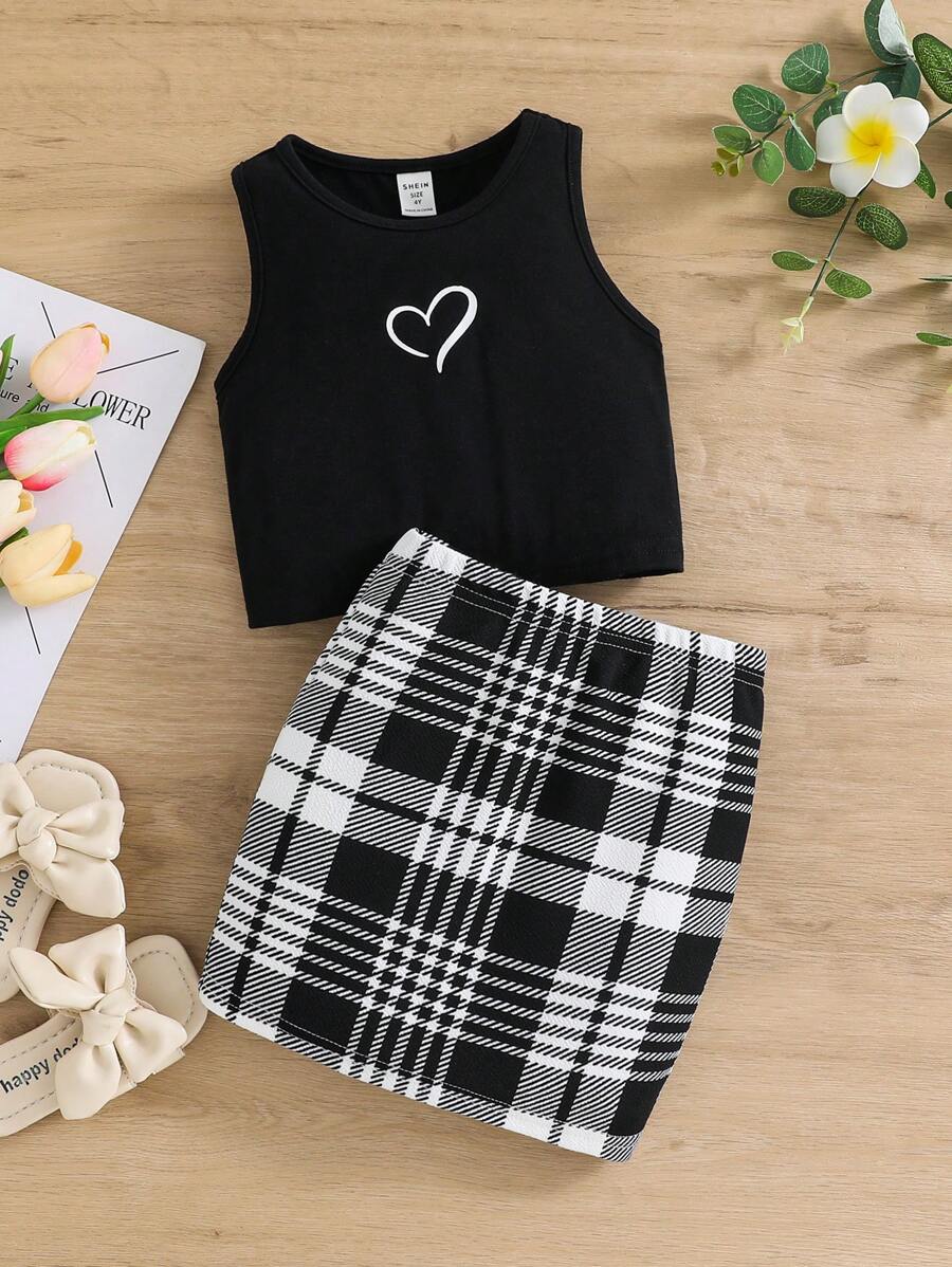 SHEIN Young Girl Heart Print Tank Top & Gingham Skirt