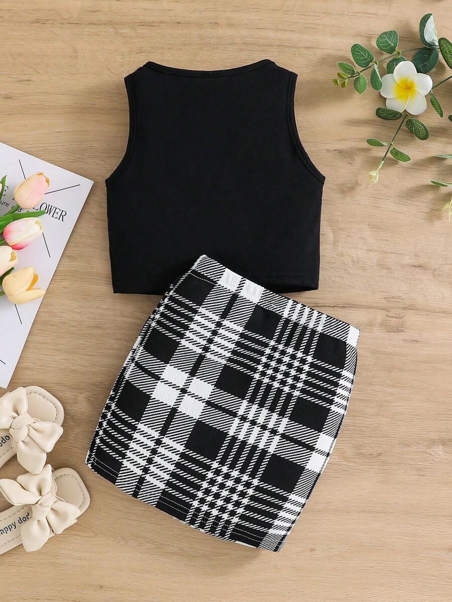 SHEIN Young Girl Heart Print Tank Top & Gingham Skirt