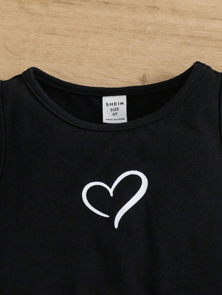 SHEIN Young Girl Heart Print Tank Top & Gingham Skirt