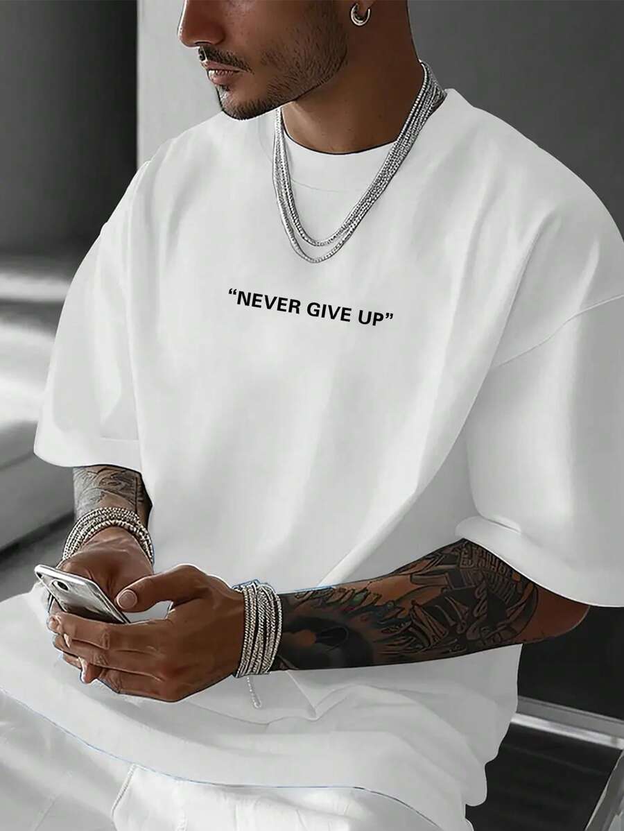 Men's Motto Print Round Neck Short Sleeve Casual Versatile T-Shirt