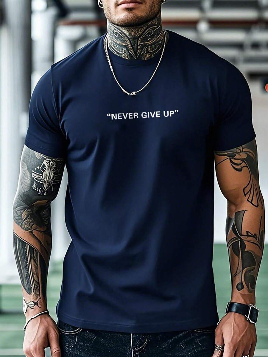 Men's Motto Print Round Neck Short Sleeve Casual Versatile T-Shirt