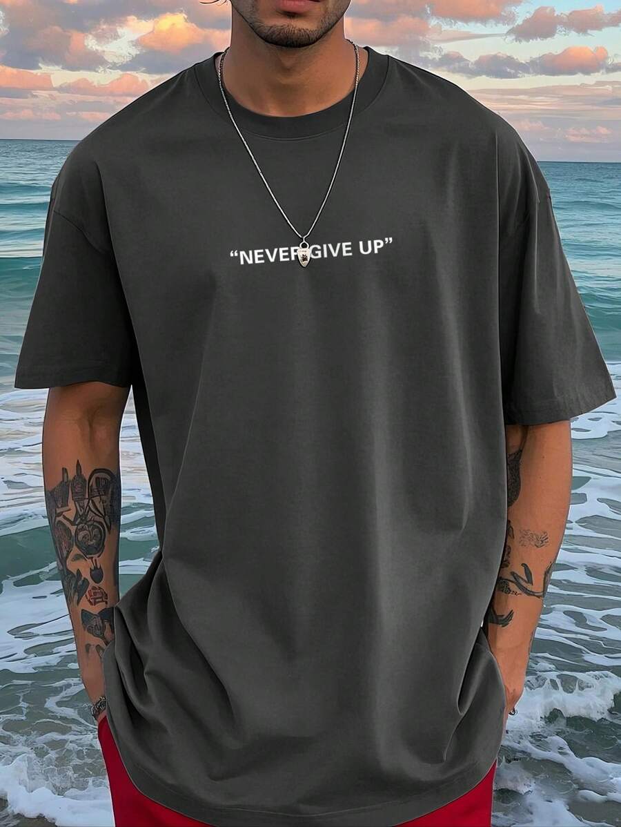 Men's Motto Print Round Neck Short Sleeve Casual Versatile T-Shirt