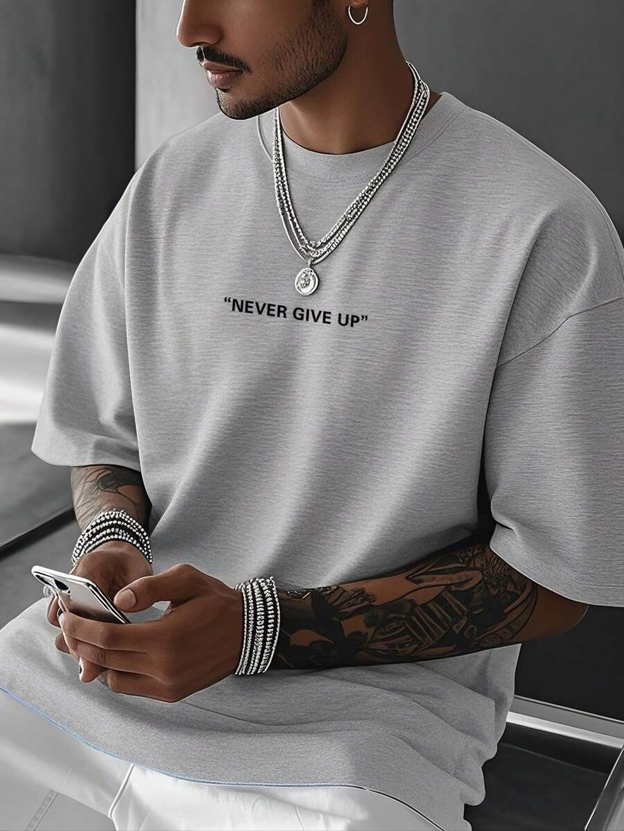 Men's Motto Print Round Neck Short Sleeve Casual Versatile T-Shirt
