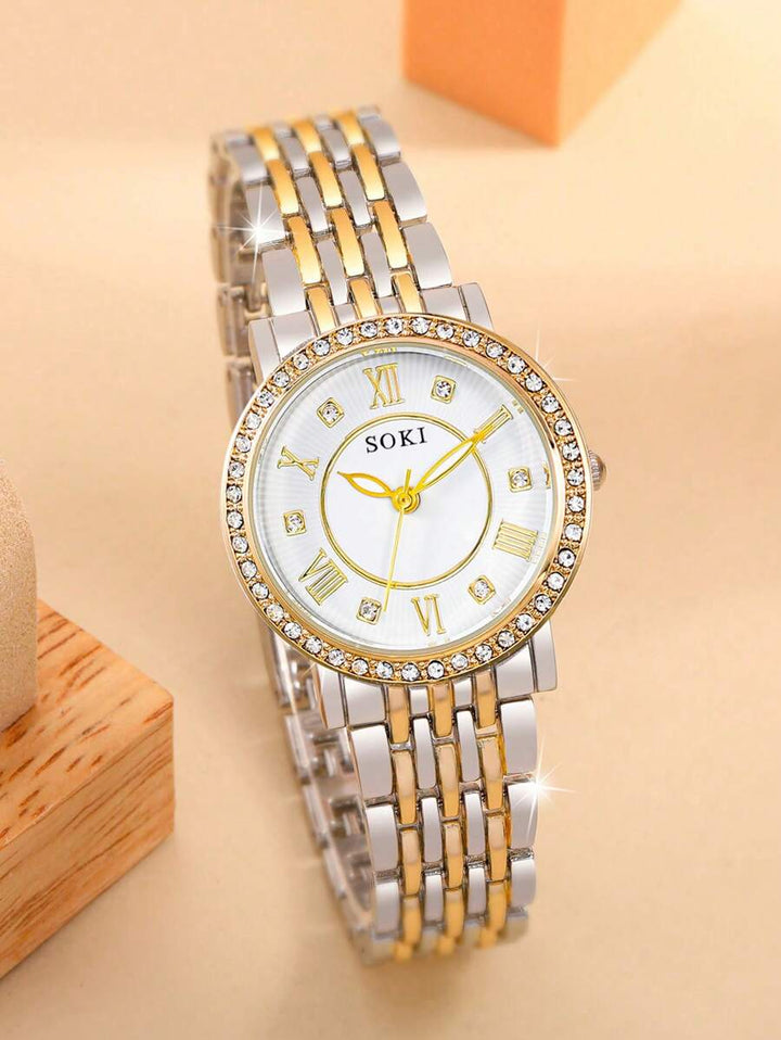 SOKI SOKI 6Pcs/Set Ladies Watch Women's Golden-Tone Alloy Bracelet Watch With Gorgeous Full Rhinestone Dial Quartz Wristwatch And Bangle Set Suitable For Daily Wear, Back-To-School Season, Graduation Season, Thanksgiving, Couples, The Best Gifts