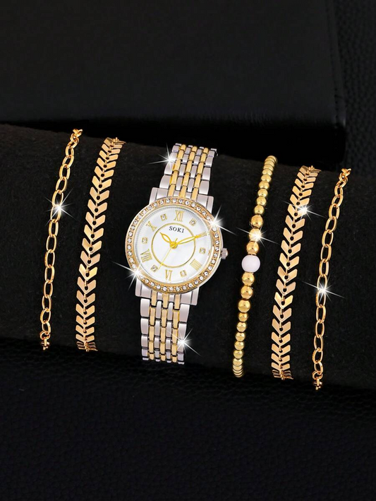 SOKI SOKI 6Pcs/Set Ladies Watch Women's Golden-Tone Alloy Bracelet Watch With Gorgeous Full Rhinestone Dial Quartz Wristwatch And Bangle Set Suitable For Daily Wear, Back-To-School Season, Graduation Season, Thanksgiving, Couples, The Best Gifts