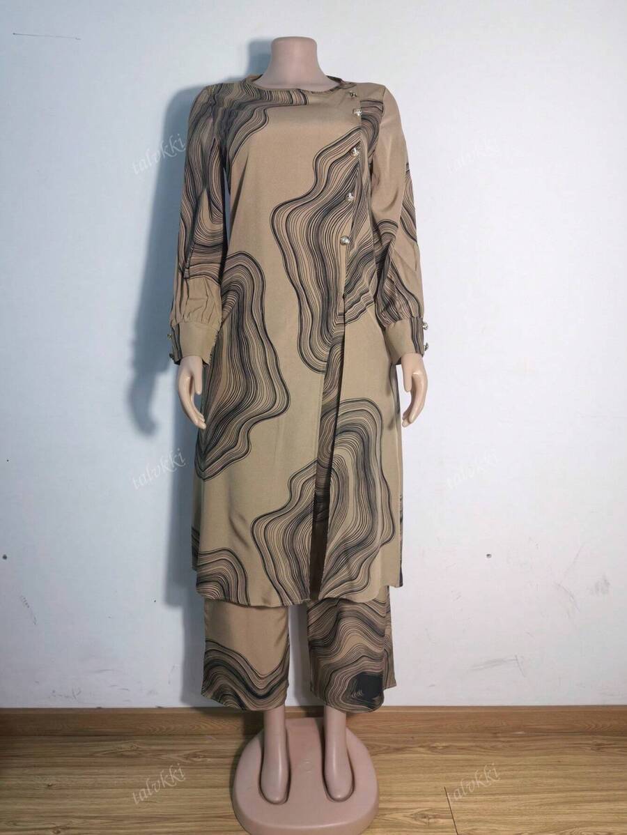 Women Button-Decorated Solid Color Long Sleeve Top & Pants Set, Arabic Style Clothing, Modest