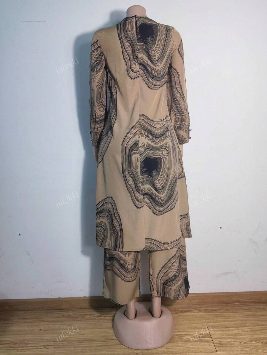 Women Button-Decorated Solid Color Long Sleeve Top & Pants Set, Arabic Style Clothing, Modest